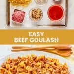 Beef goulash ingredients and the finished dish.