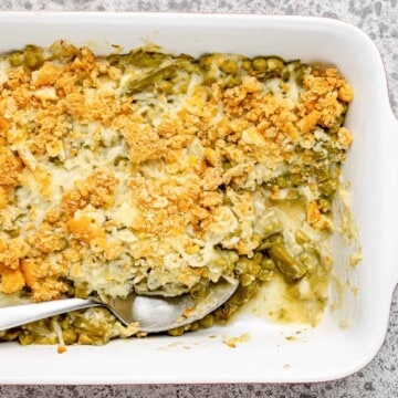 Canned asparagus casserole in a baking dish.
