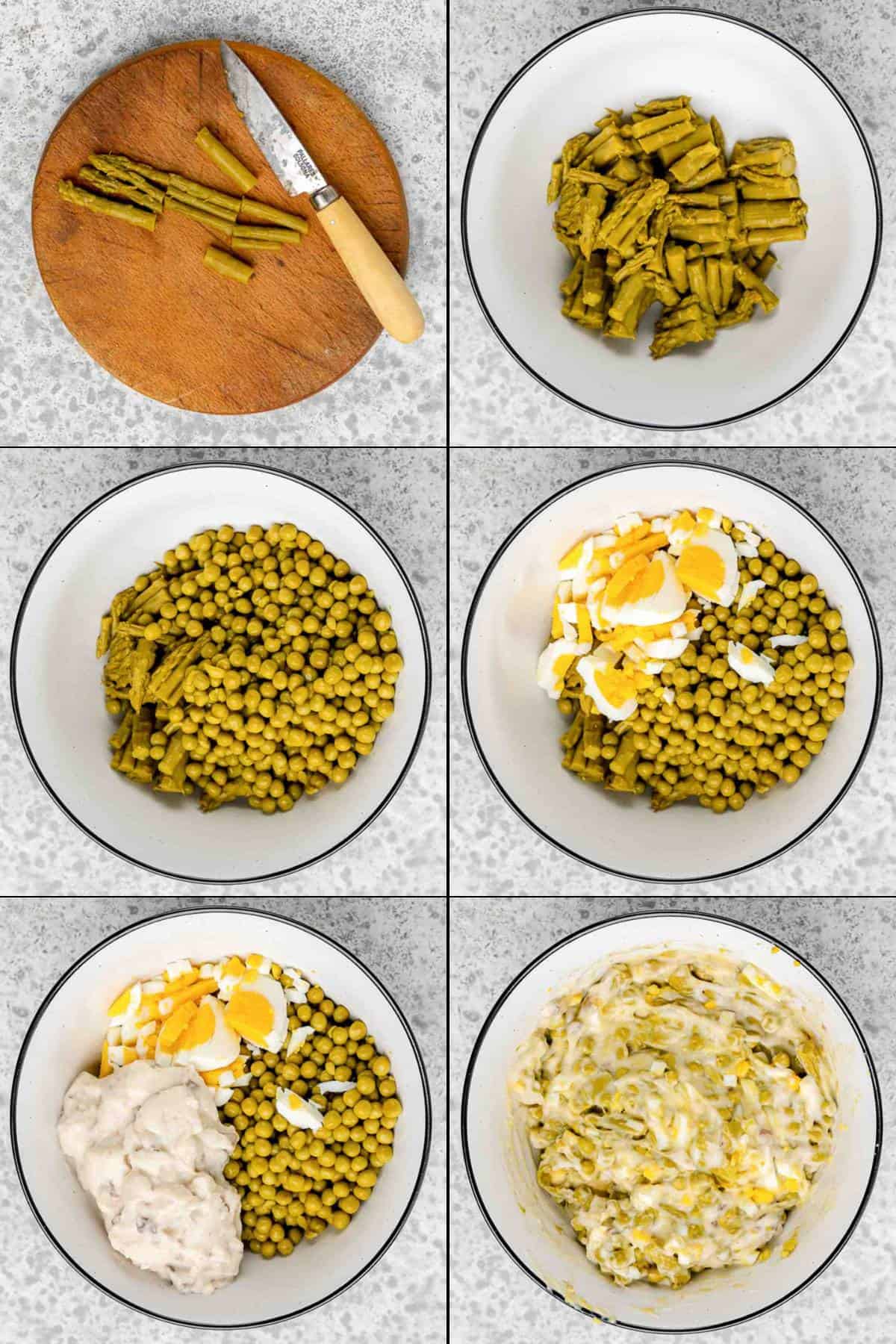 Collage of preparing canned asparagus filling for a casserole.