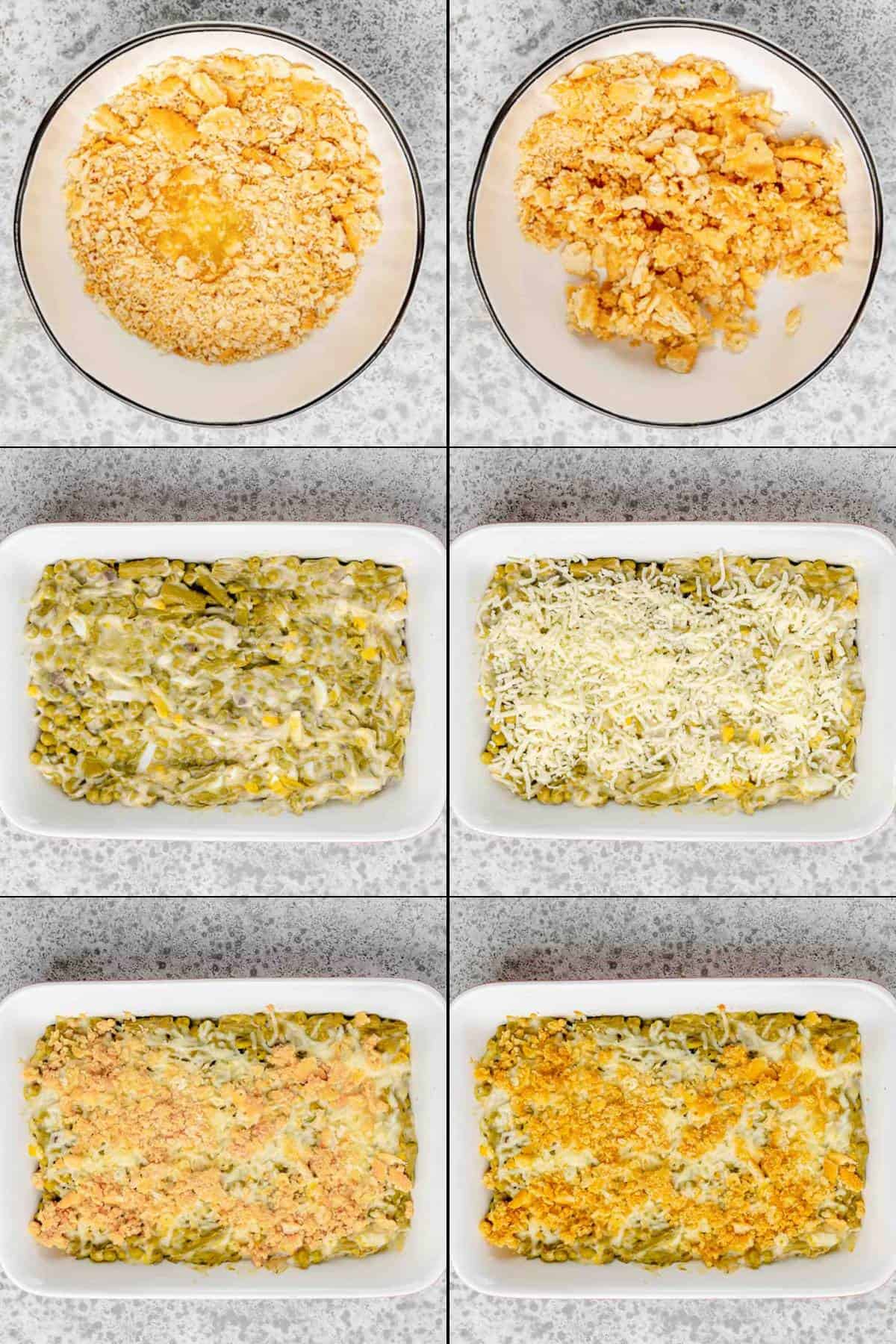 Collage of making canned asparagus casserole toping and assembling the dish.