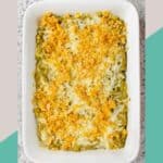 Overhead view of canned asparagus casserole in a white baking dish.