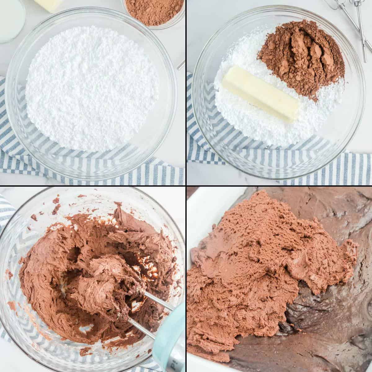 Collage of making chocolate mayonnaise cake frosting.