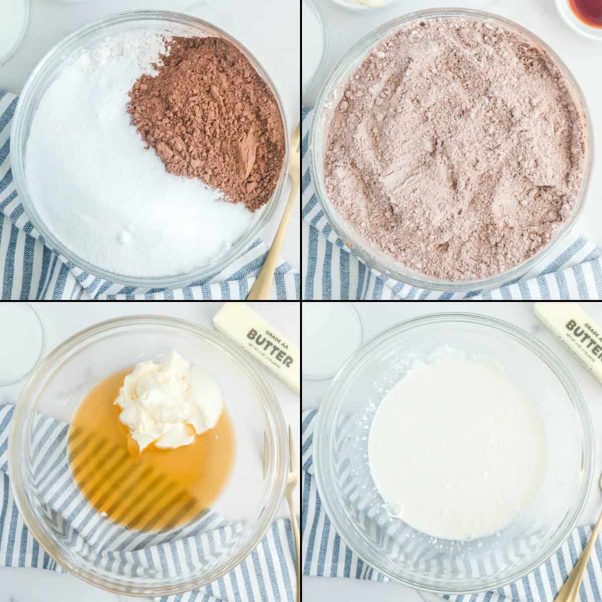 Collage of dry and wet ingredients for chocolate mayonnaise cake.