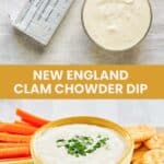 New England clam chowder dip ingredients and the dip on a platter.