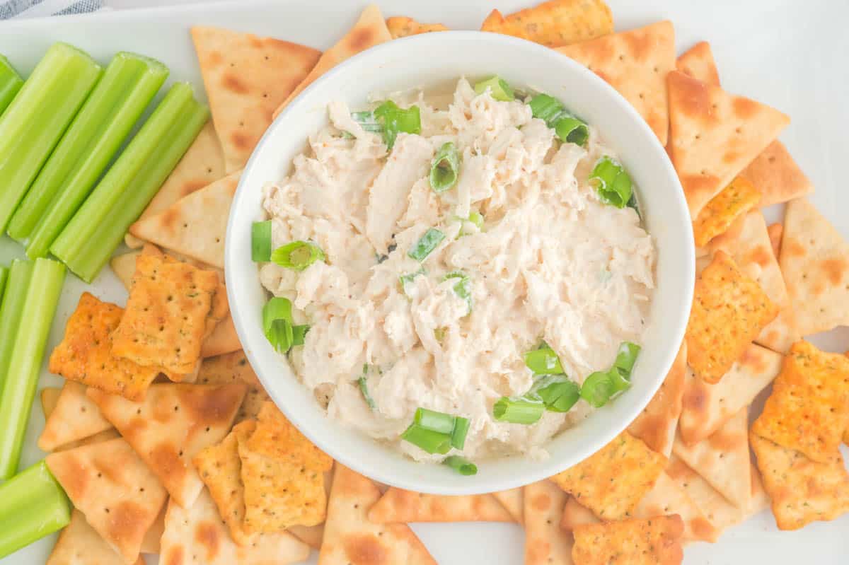 Cold crab dip, crackers, and celery on a platter.