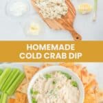 Cold crab dip ingredients and the finished dip with crackers.