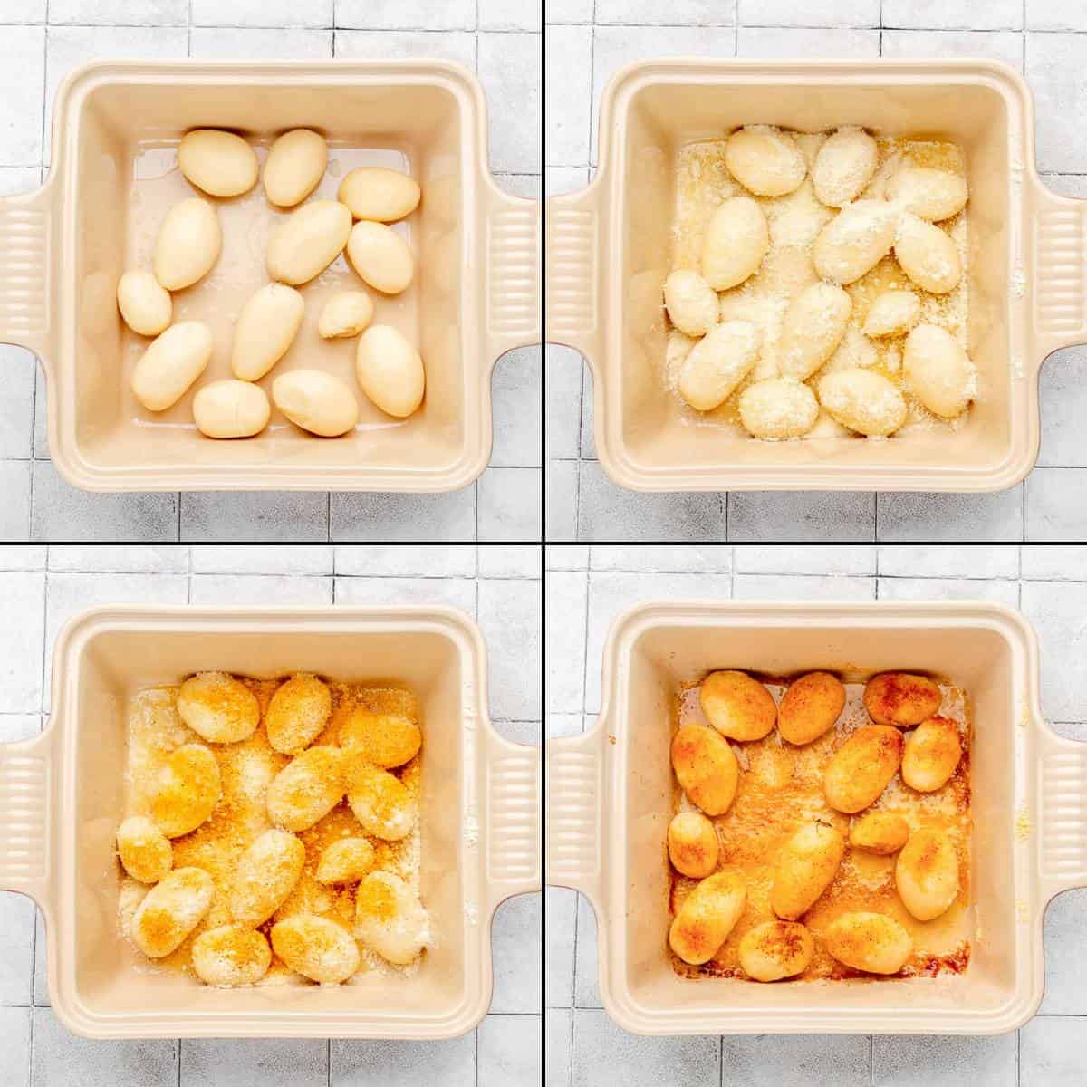 Collage of making golden potatoes with canned potatoes.