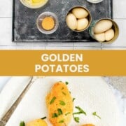 Golden potatoes ingredients and the finished dish.