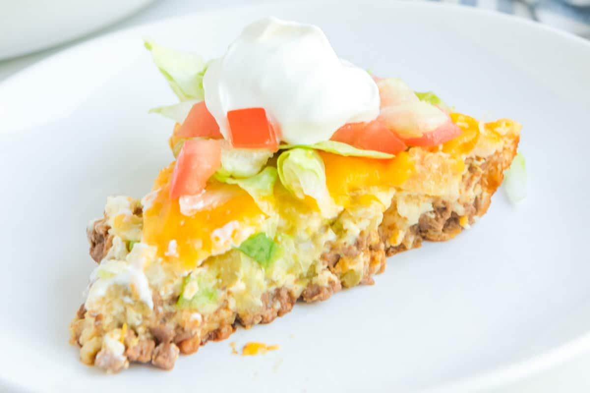 Impossible taco pie slice on a plate.