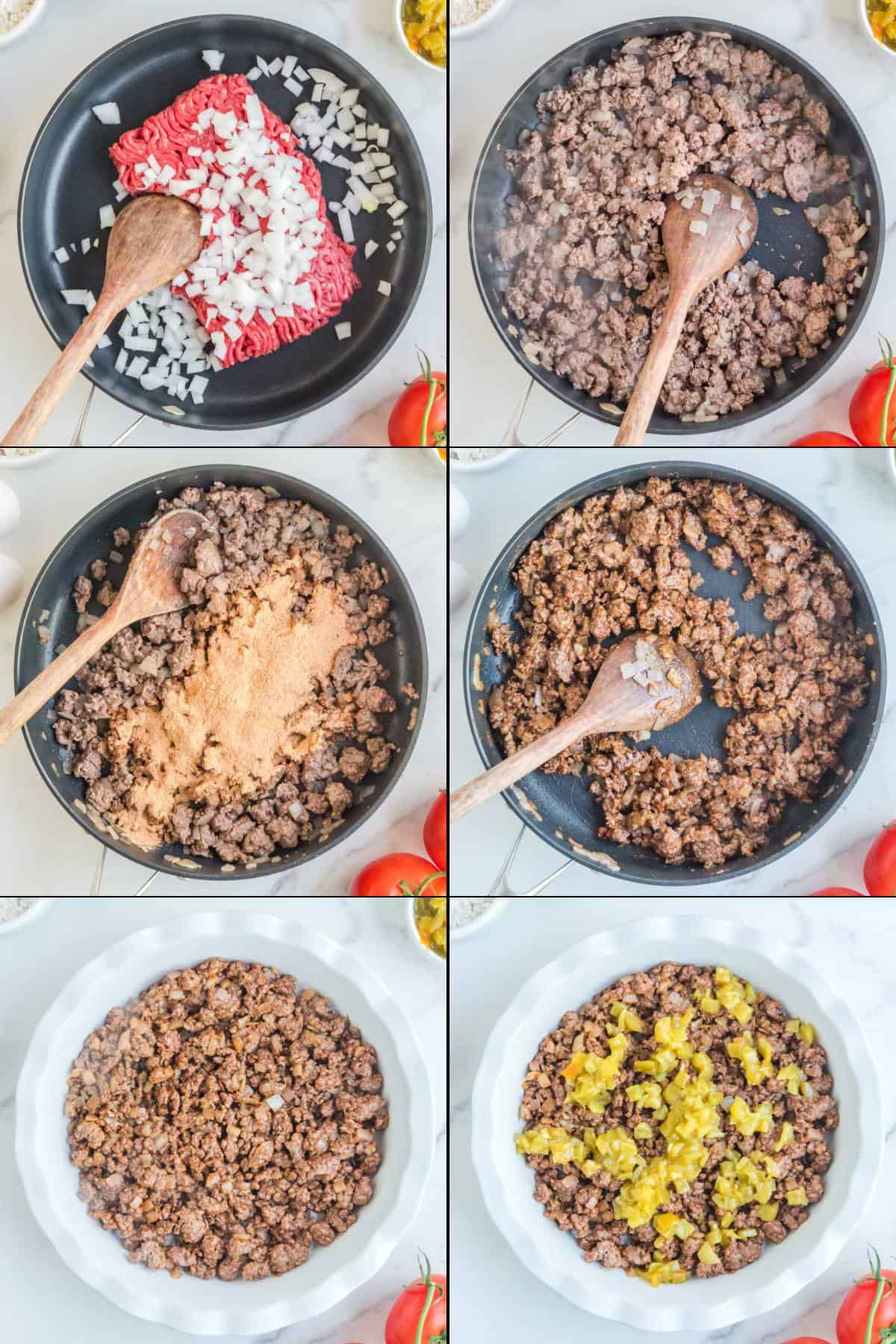 Collage of cooking and seasoning ground beef for impossible taco pie.