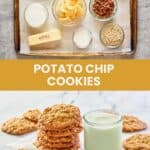 Potato chip cookies ingredients and the cookies next to a glass of milk.