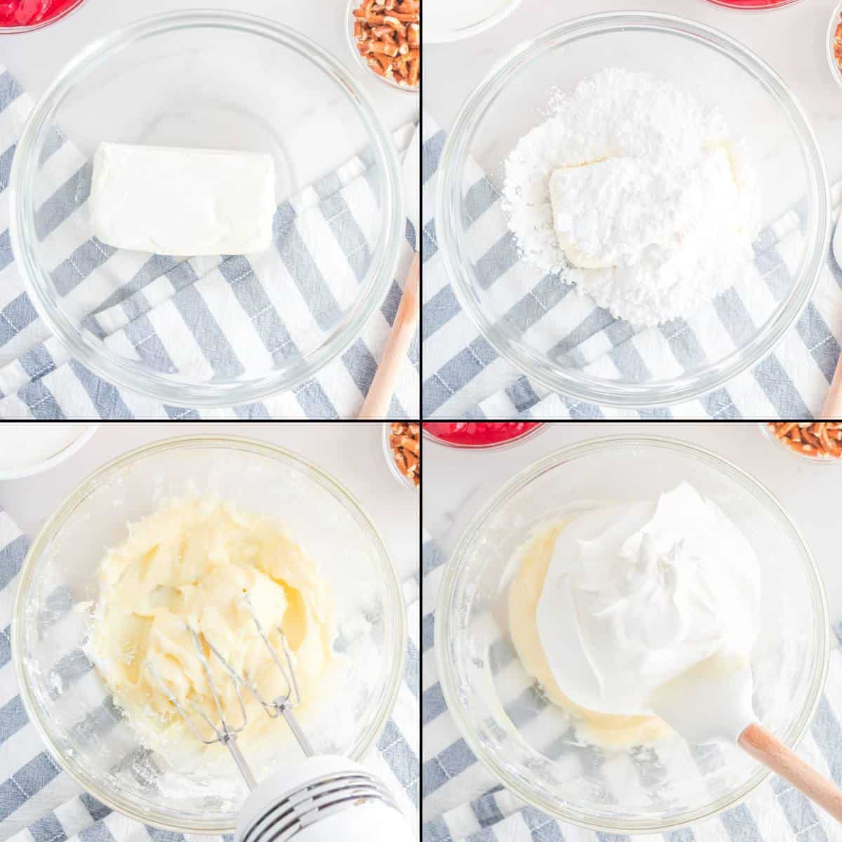 Collage of making cream cheese base mixture for strawberry pretzel dip.