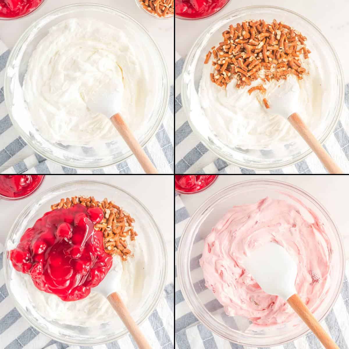 Collage of adding pretzels and strawberry pie filling into a cream cheese mixture.