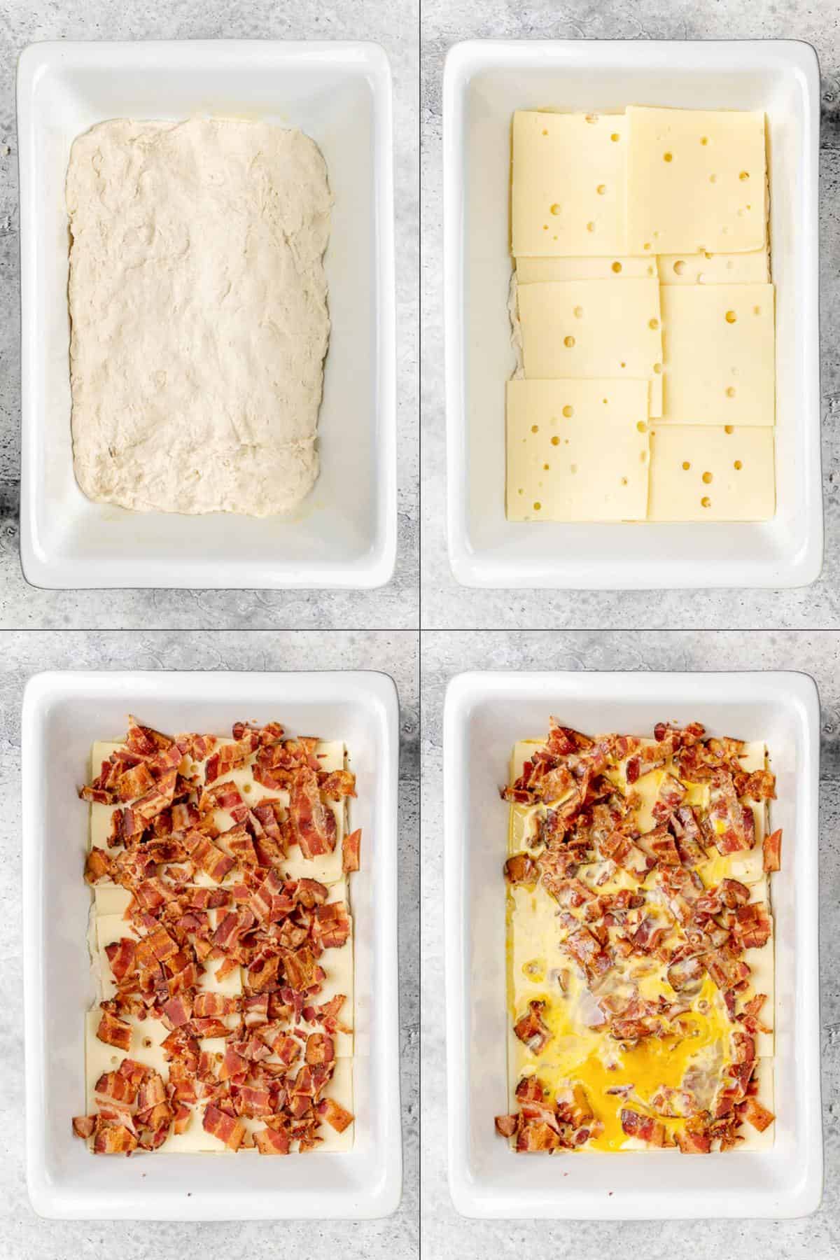 Collage of layering dough, Swiss cheese, bacon, and sauce in a baking dish.