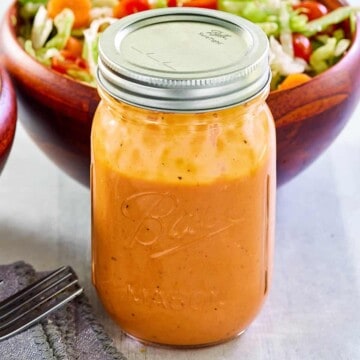 Campbell tomato soup French dressing in a mason jar.