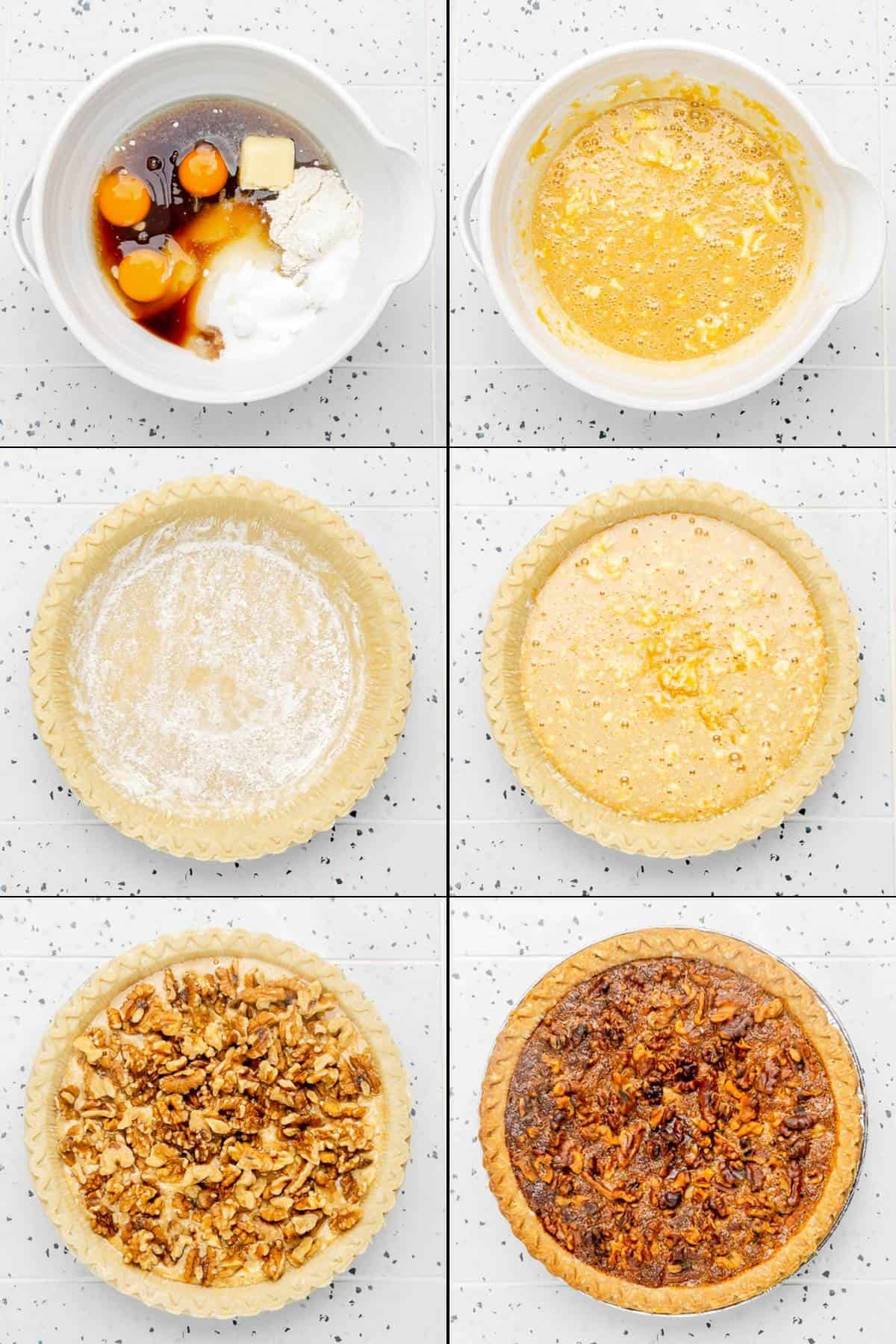 Collage of making walnut pie.