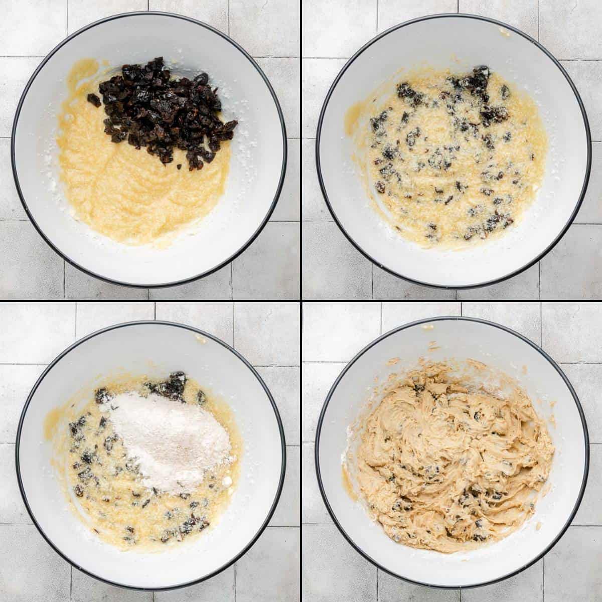 Collage of adding dried prunes and flour to cake batter.