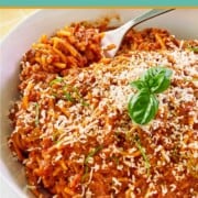 Skillet spaghetti in a serving bowl.