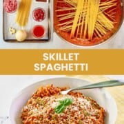 Skillet spaghetti ingredients, cooking it in a skillet, and a serving in a bowl.