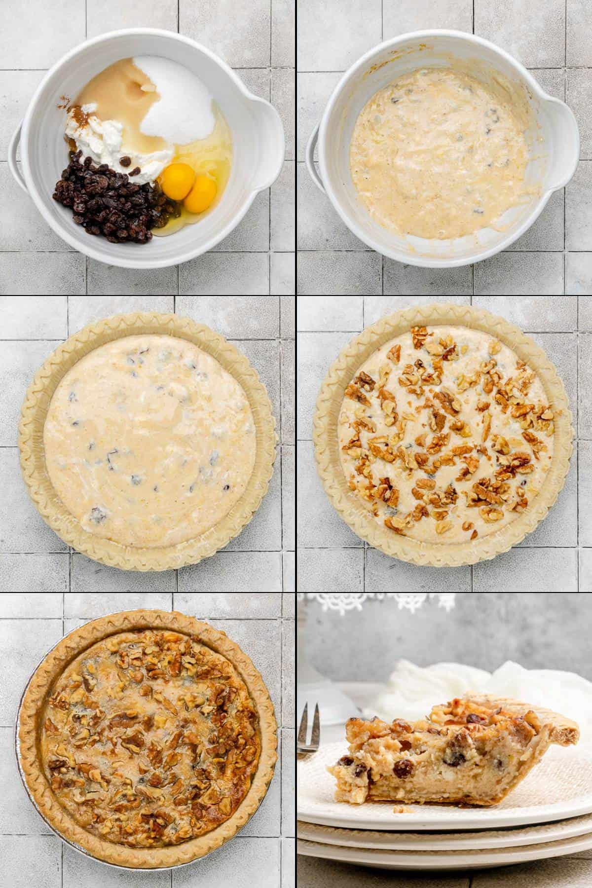 Collage of making sour cream raisin pie.