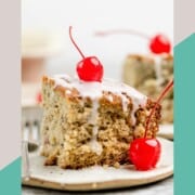 Sour cream cherry coffee cake with glaze on a plate.