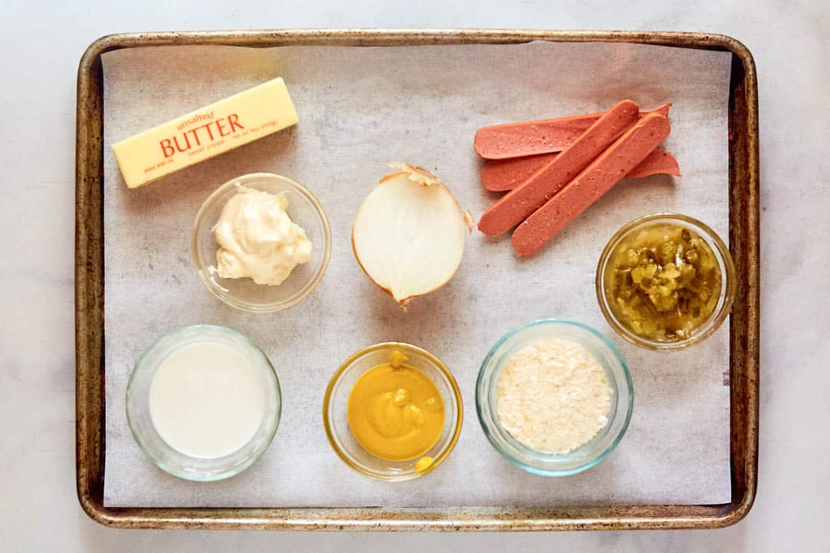 Betty Crocker hot dog casserole ingredients on a tray.