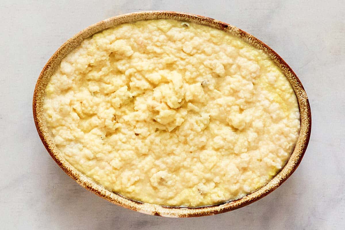 Betty Crocker mashed potato mixture in a casserole dish.