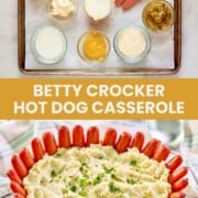 Betty Crocker hot dog casserole ingredients and the finished dish.