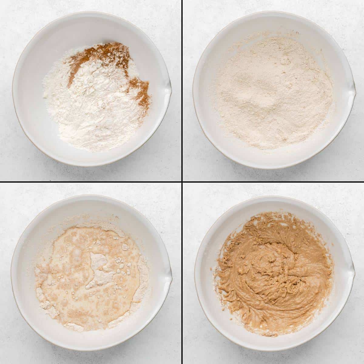 Collage of mixing dry and wet ingredients for cinnamon pudding cake batter.