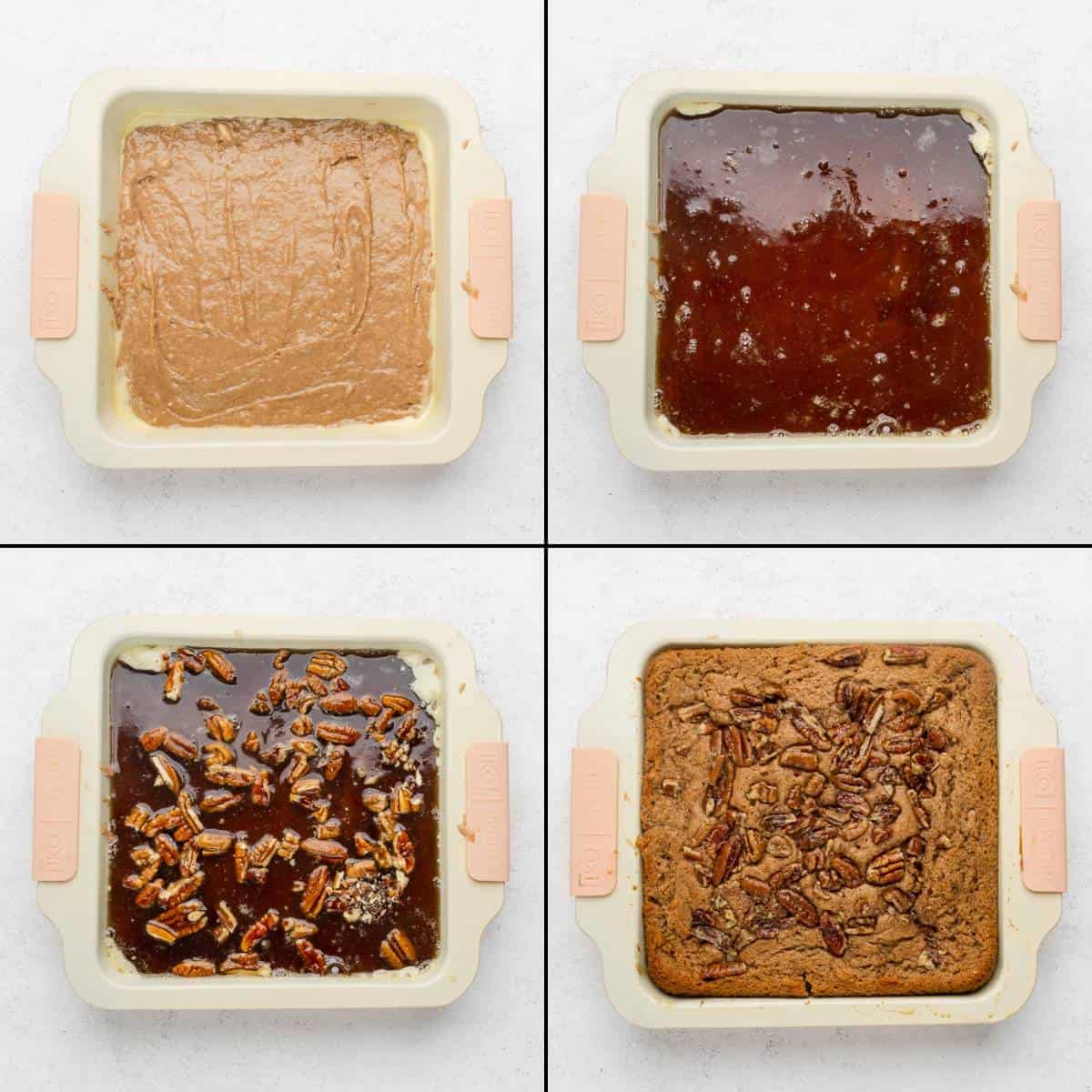 Collage of cinnamon pudding cake batter in a pan, covered with sauce and pecans, and baked.