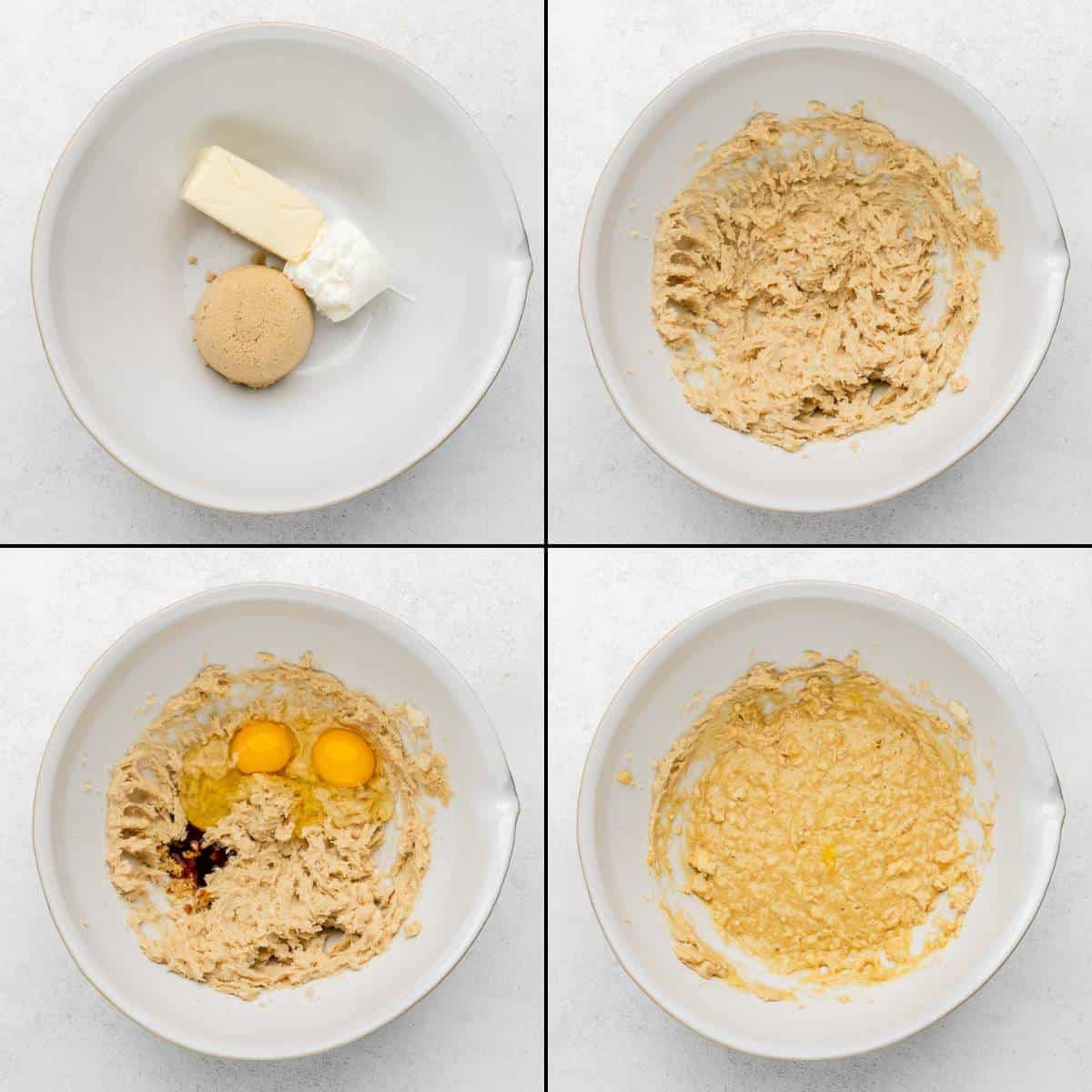Collage of mixing wet ingredients for cookie dough.