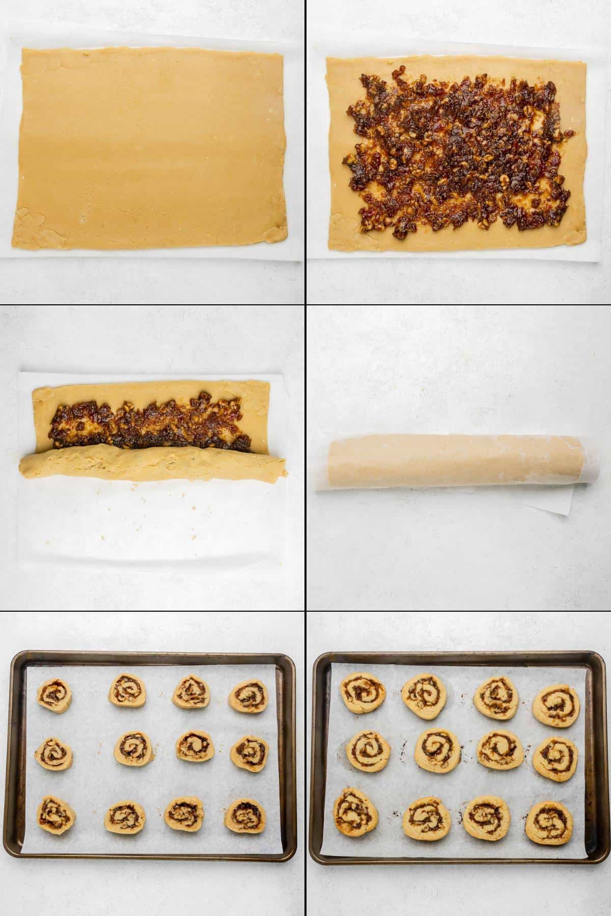 Collage of filling and rolling dough and baking date pinwheel cookies.