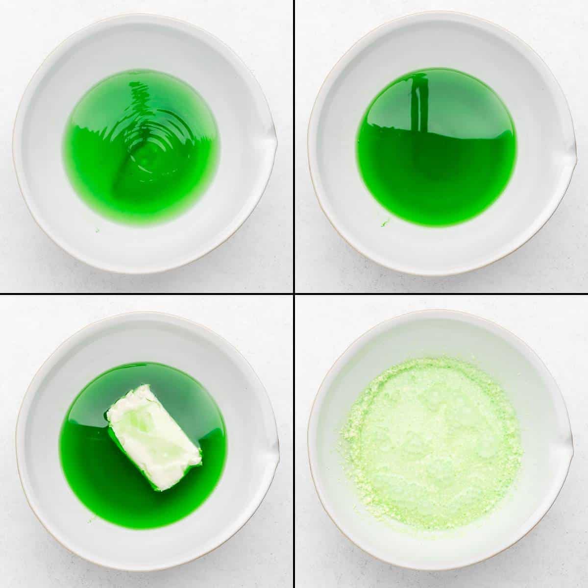 Collage of dissolving lime jello in water and adding cream cheese.