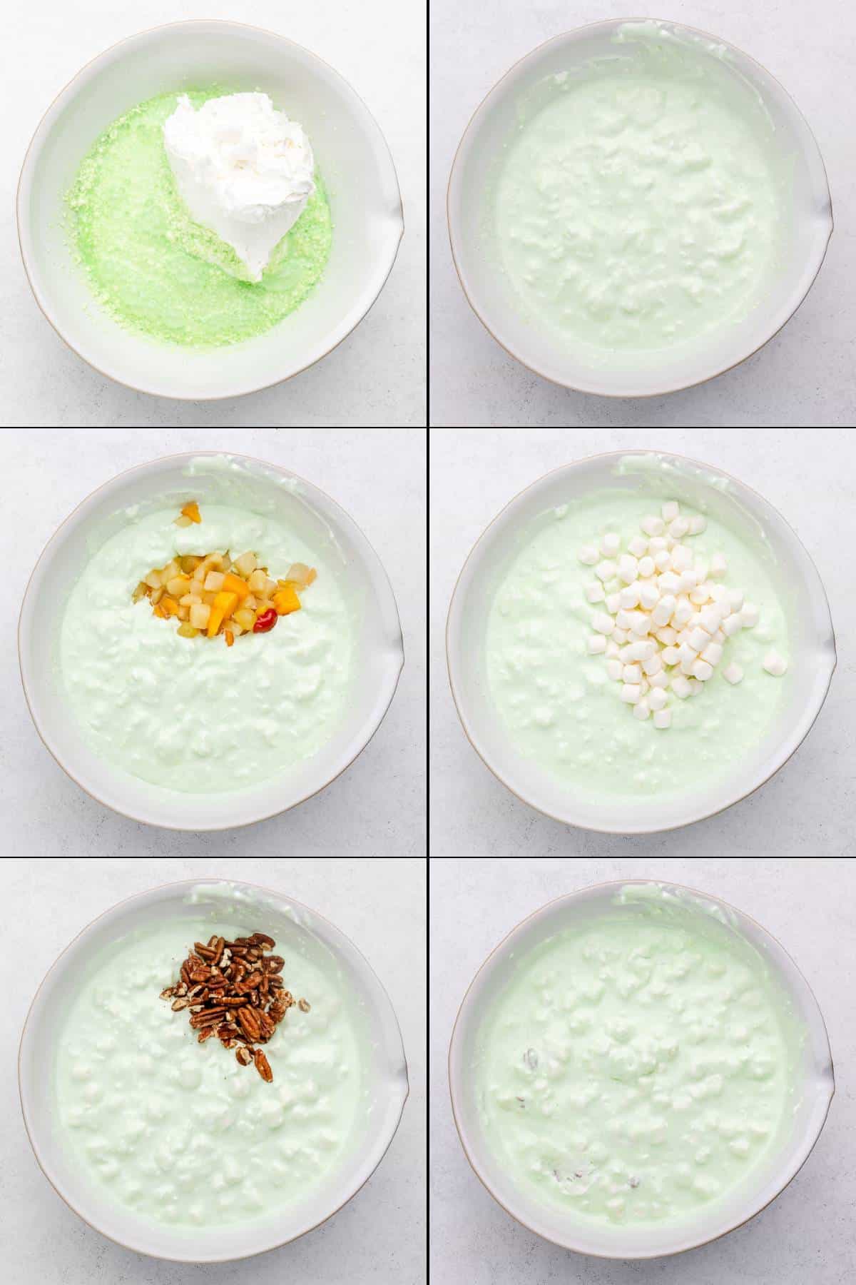 Collage of adding whipped cream, fruit, marshmallows, and nuts to lime jello mixture.