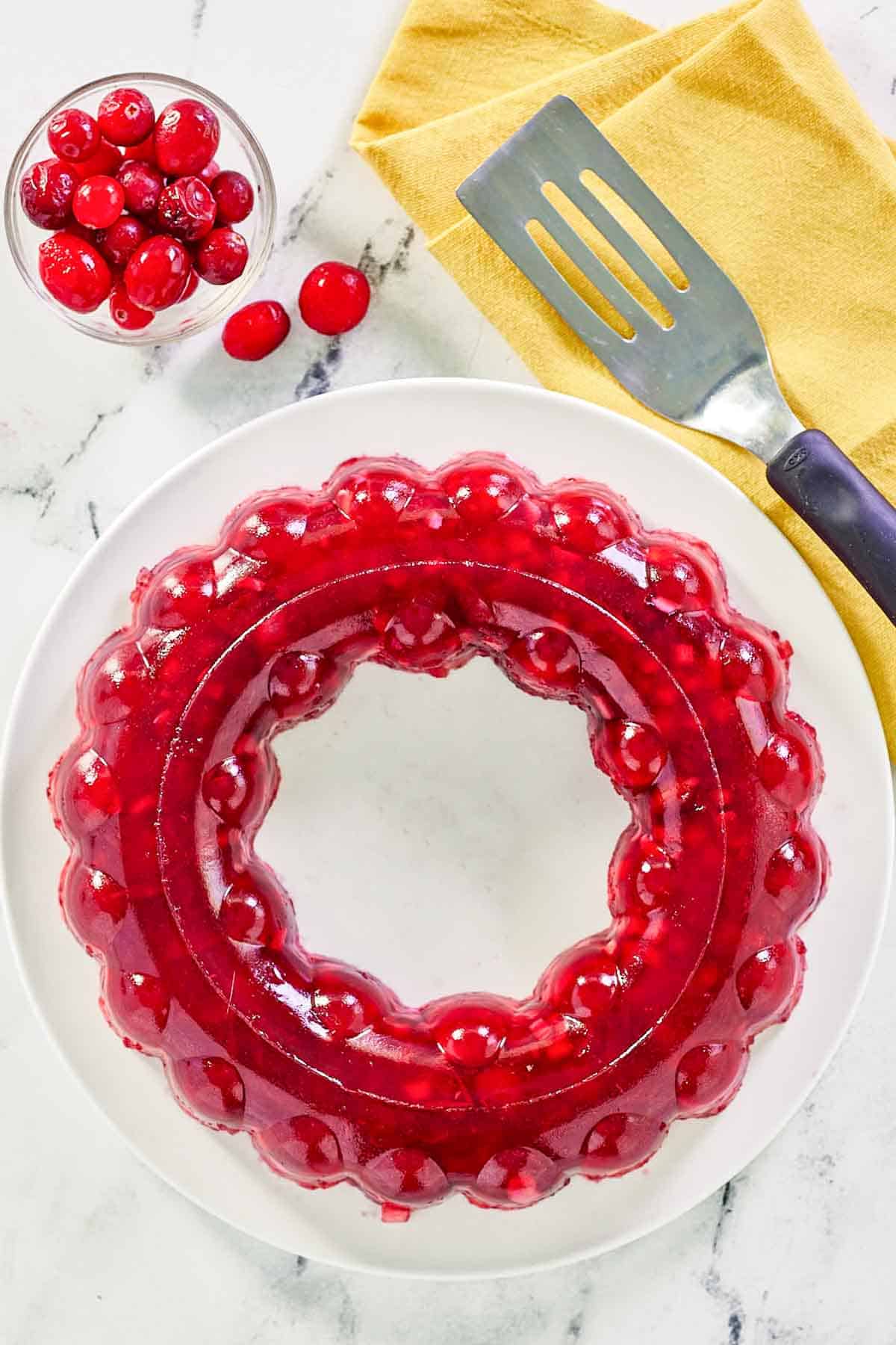 Cranberry jello salad and a bowl of cranberries.