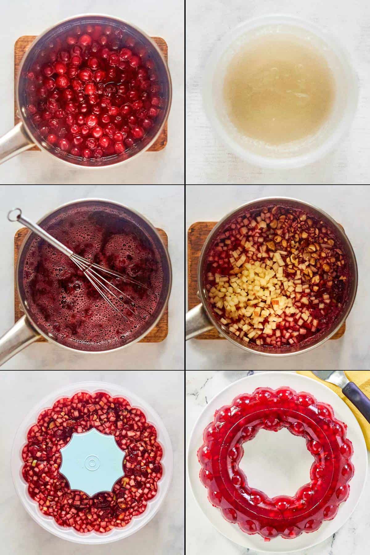 Collage of making cranberry jello salad.