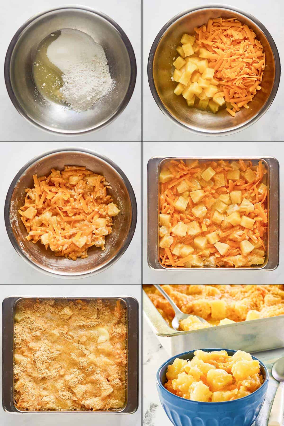 Collage of making pineapple cheese casserole.
