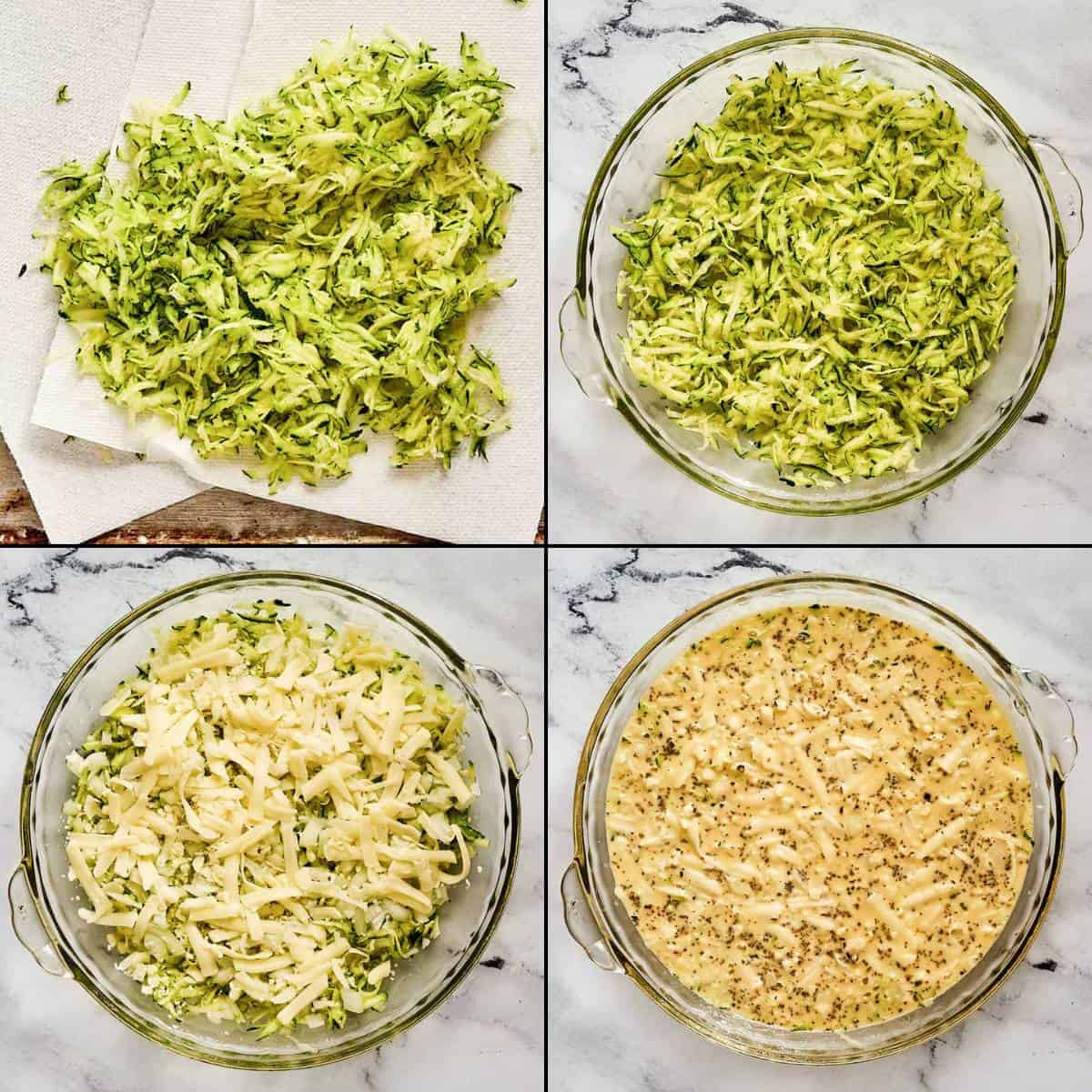 Collage of preparing Bisquick zucchini quiche.