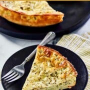 Bisquick zucchini quiche and a slice on a plate.