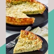 Bisquick zucchini quiche and a slice on a plate in front of it.