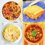 Collage of four different dishes made with canned corn.