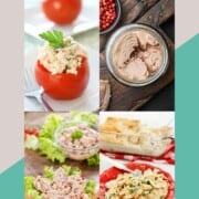 Collage of canned tuna and three dishes with it.