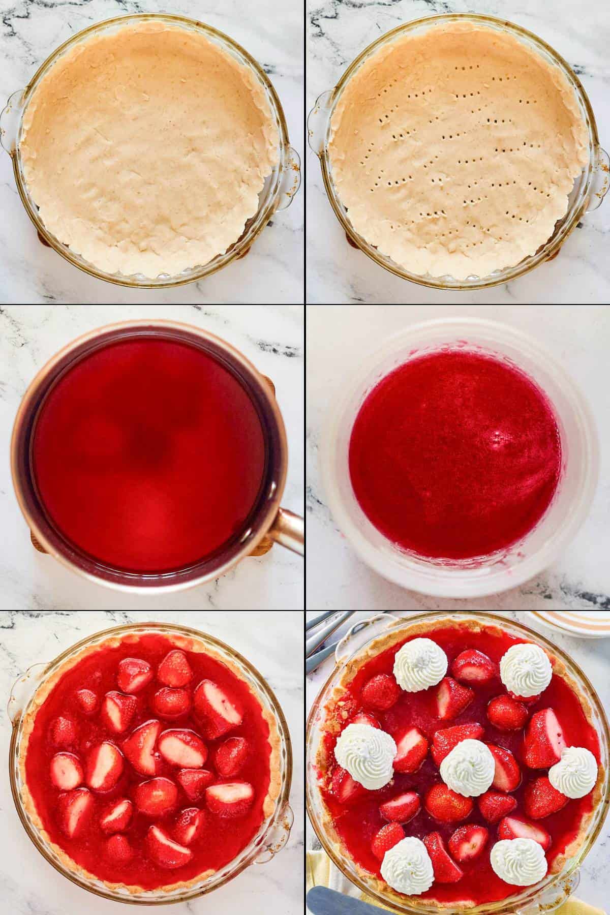 Collage of making old fashioned strawberry pie.