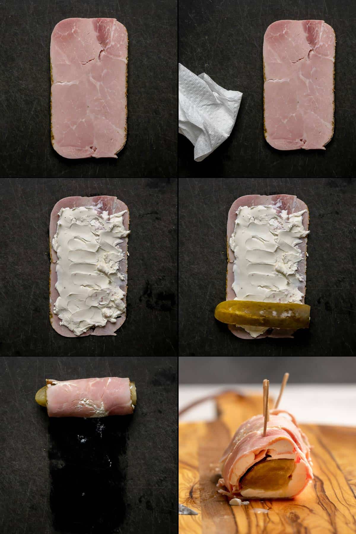 Collage of making ham and pickle roll ups.