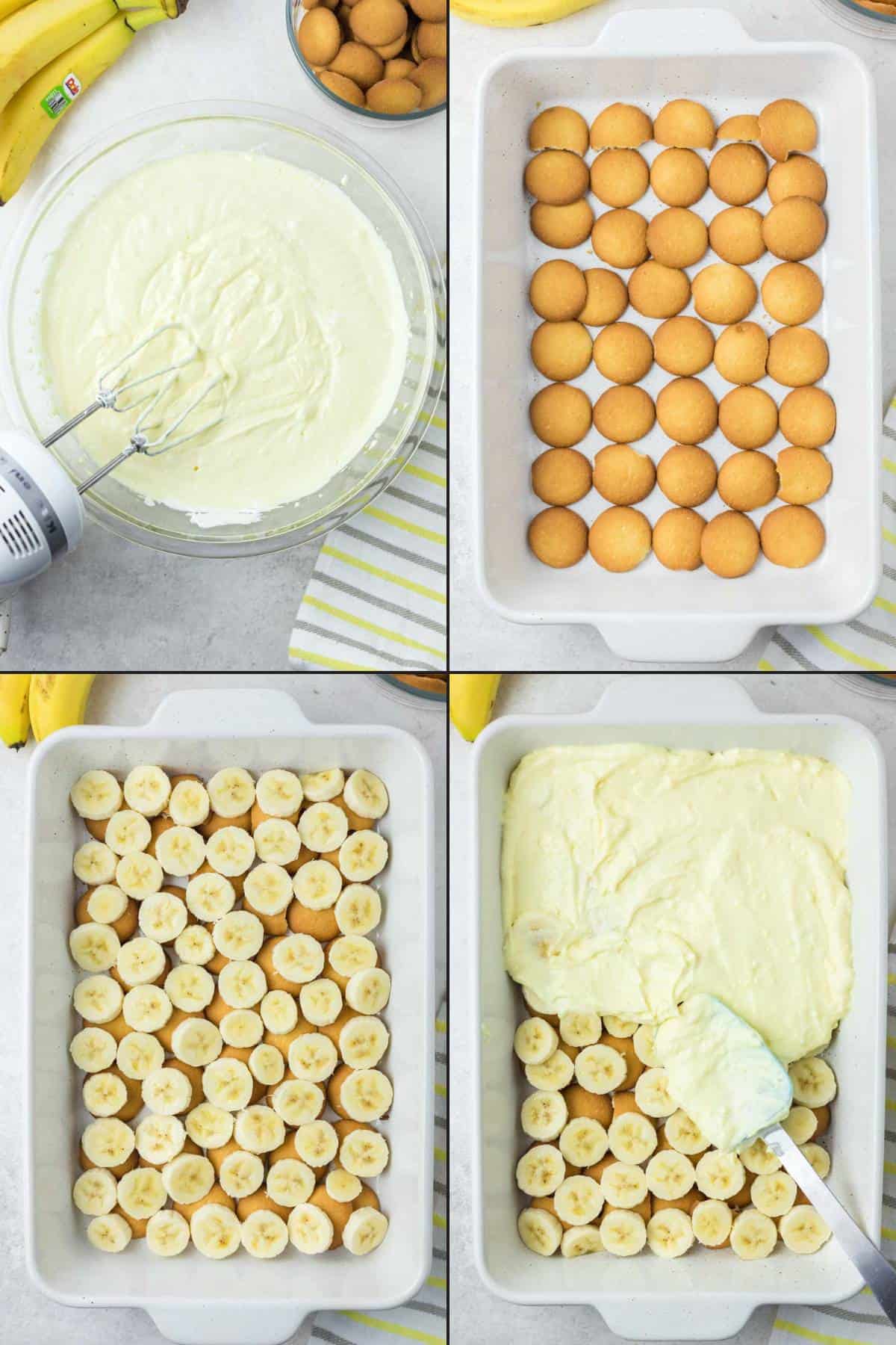 Collage of making banana pudding with sour cream.