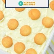 Sour cream banana pudding with vanilla wafers in a dish.