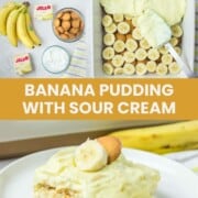 Sour cream banana pudding ingredients and the finished dish.