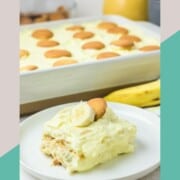 Sour cream banana pudding on a plate and in a serving dish.