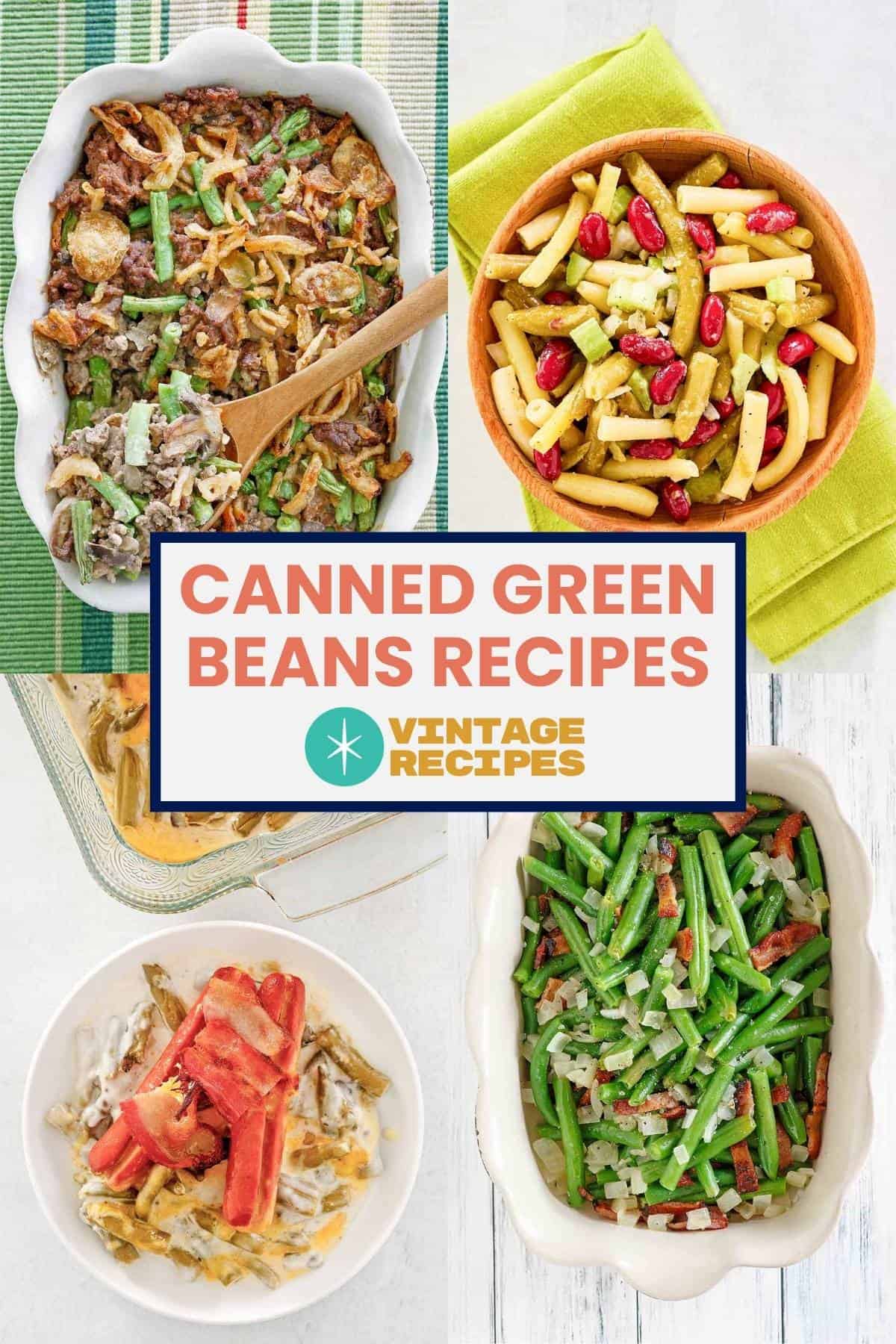 Three casseroles with green beans and three bean salad.