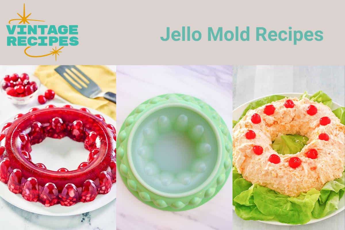 Cranberry jello salad, classic Tupperware jello mold, and orange fluff jello salad.